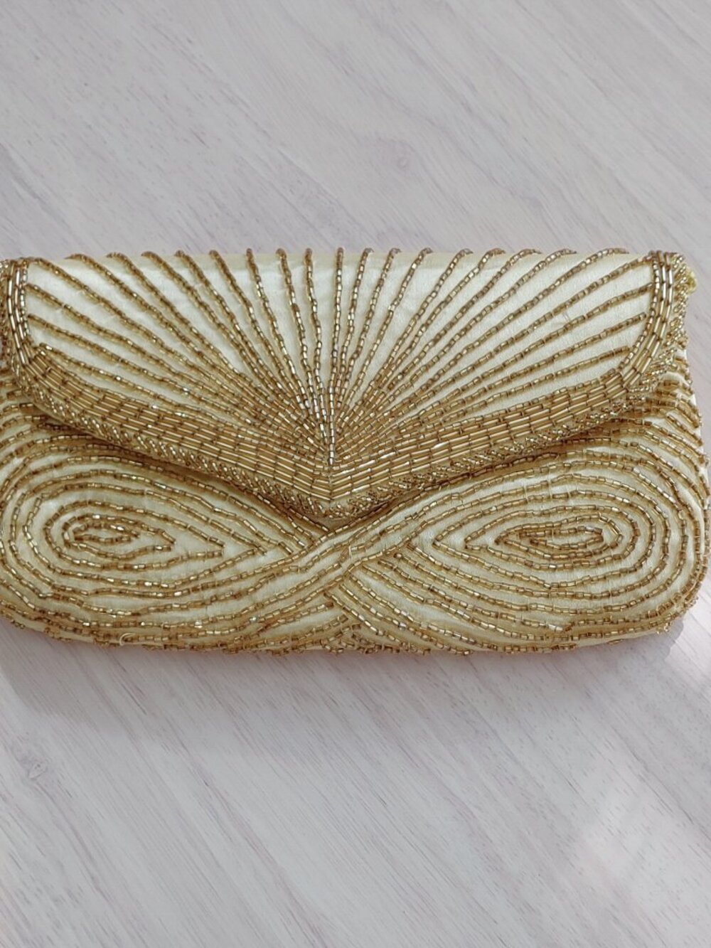 Vintage Gold Tone Satin Clutch Purse Fabric Beaded Detail Art Deco Motif